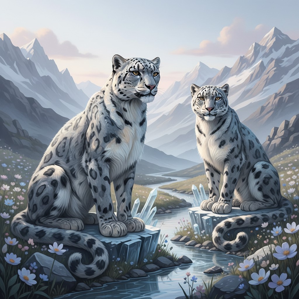 Original prompt: A realistic image of two snow leopards sitting on rocks next to a stream with white and blue flowers in t...