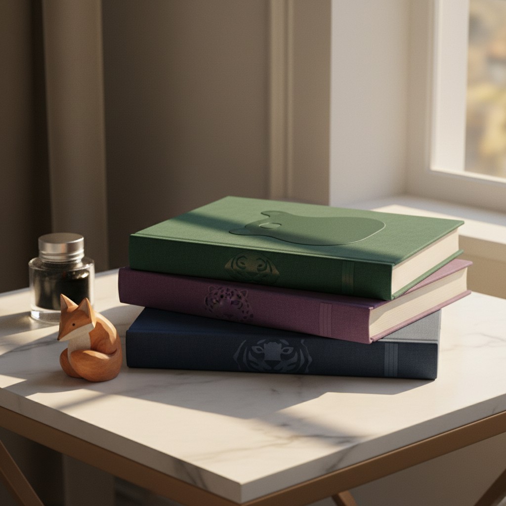 A stack of three books, a wooden fox statue, a small ink bottle and a window are displayed on a table. Dark animal faces o...