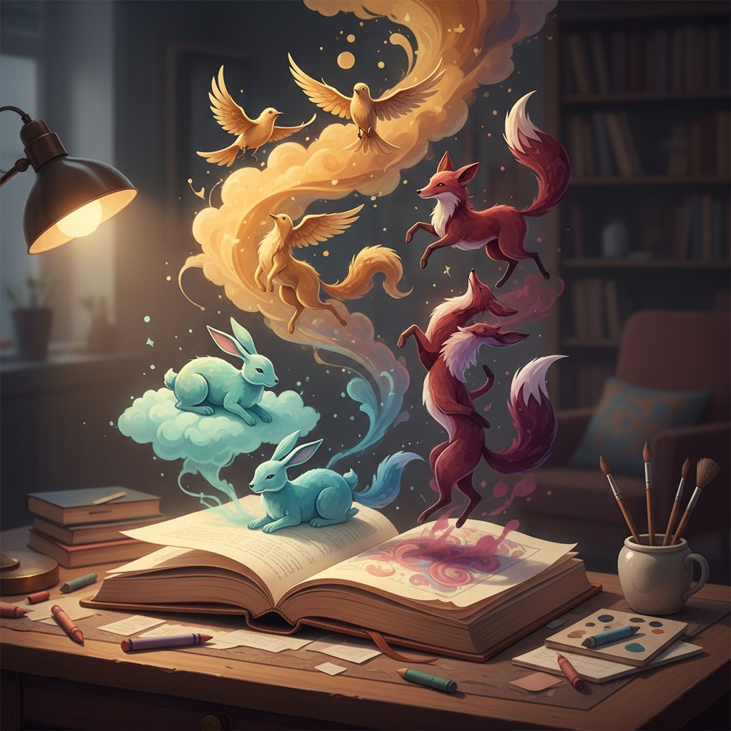 A whimsical scene unfolds in a cozy classroom, featuring an open book with fantastical creatures emerging from its pages: ...