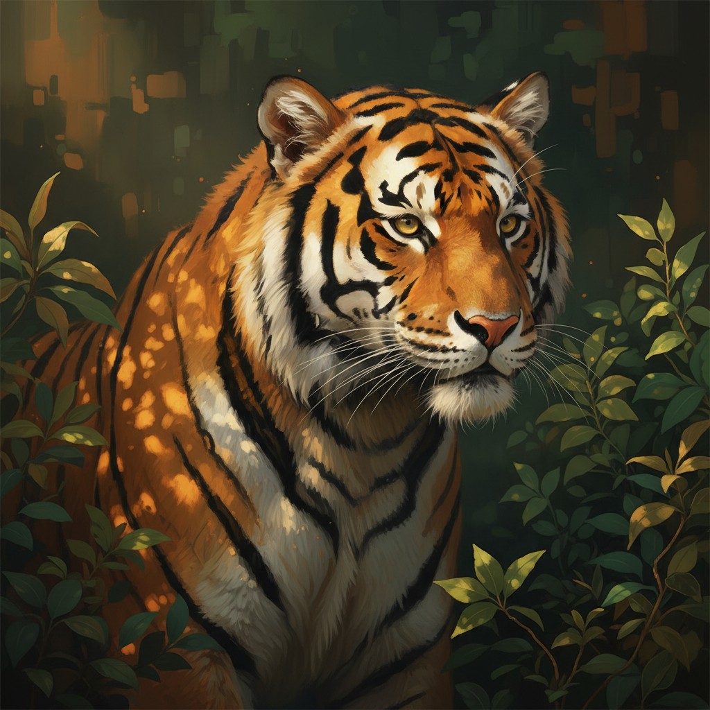 An oil painting of a tiger with orange fur and black stripes, looking off into the distance against a green jungle backgro...