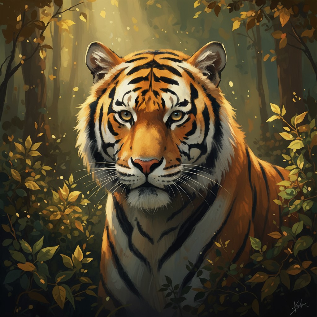 A majestic tiger with golden eyes, set against a backdrop of lush greenery and golden leaves.