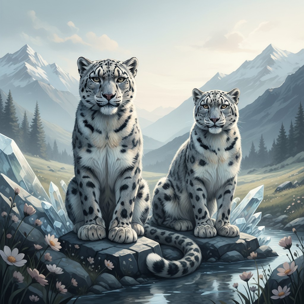 Two snow leopards sitting on rocks near a stream with mountains in the background.
